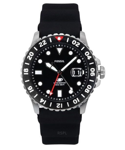 Fossil ブルー GMT シリコンストラップ ブラックダイヤル クォーツ FS6036 100M メンズ腕時計