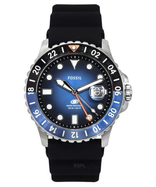 Fossil ブルー GMT シリコンストラップ ブラック&amp,ブルー サンレイダイヤル クォーツ FS6049 100M メンズ腕時計