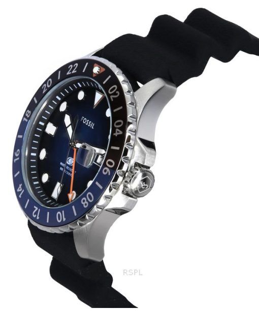 Fossil ブルー GMT シリコンストラップ ブラック&amp,ブルー サンレイダイヤル クォーツ FS6049 100M メンズ腕時計